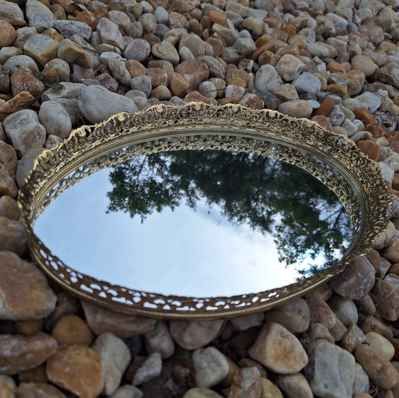 Vintage Vanity Mirror Tray Gold Perfume Trey MCM Art Deco Oval Shape Ornate Mint - Picture 8 of 11
